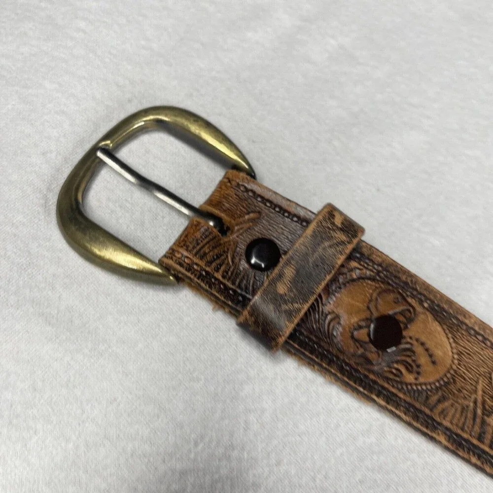 Engraved Leather Belt 44” Fishing Brown Fish Lakes Walleyes Northern ￼bass Pole